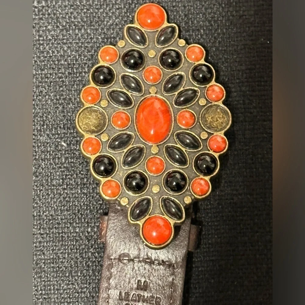 Artisan BELT Leather Braided M Brown Adjustable jeweled Red Gem Buckle 5484 Y